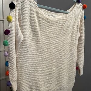 Anthropologie Cream Sweater with Multicolor Pom Trim